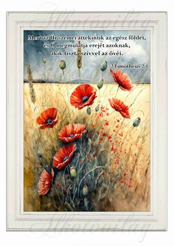 Akvarell stílusú kép keretben gyönyörű mező széli pipacsokkal- BIBLIAI IDÉZETTEL - 19,5 x 26,5 cm