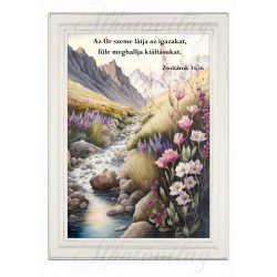   Akvarell stílusú kép keretben gyönyörű patak parti virágokkal, hegyekkel- BIBLIAI IDÉZETTEL - 19,5 x 26,5 cm