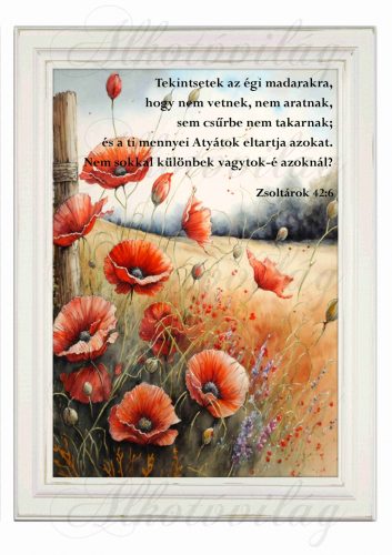 Akvarell stílusú kép keretben gyönyörű pipacsokkal - BIBLIAI IDÉZETTEL - 19,5 x 26,5 cm