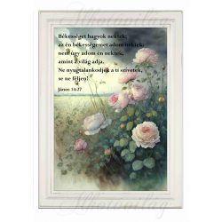   Akvarell stílusú kép keretben pasztell rózsákkal, felhőkkel - BIBLIAI IDÉZETTEL - 19,5 x 26,5 cm