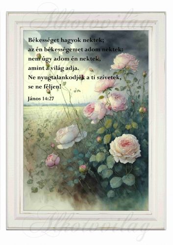 Akvarell stílusú kép keretben pasztell rózsákkal, felhőkkel - BIBLIAI IDÉZETTEL - 19,5 x 26,5 cm