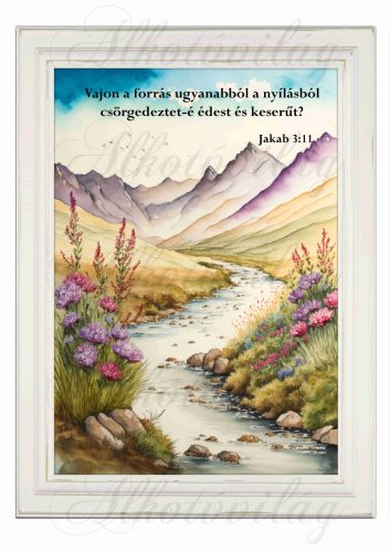 Akvarell stílusú kép keretben patakkal, hegyekkel, virágokkal - BIBLIAI IDÉZETTEL - 19,5 x 26,5 cm