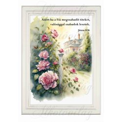   Akvarell stílusú kép keretben rózsaszín rózsákkal, házzal - BIBLIAI IDÉZETTEL - 19,5 x 26,5 cm