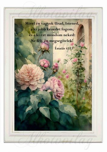 Akvarell stílusú kép keretben rózsákkal, ablakrészlettel - BIBLIAI IDÉZETTEL - 19,5 x 26,5 cm