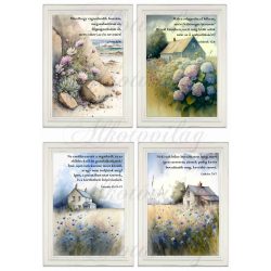   Akvarell stílusú képek keretben gyönyörű hortenziákkal, kék virágokkal - 4db- BIBLIAI IDÉZETEKKEL