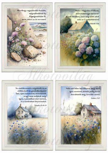 Akvarell stílusú képek keretben gyönyörű hortenziákkal, kék virágokkal - 4db- BIBLIAI IDÉZETEKKEL