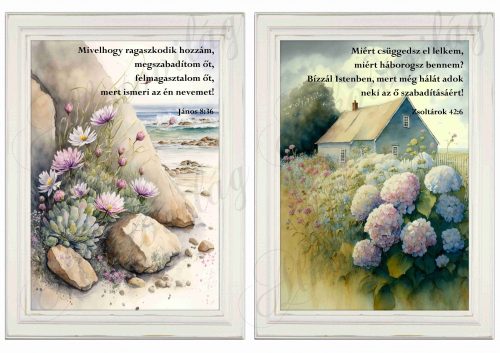 Akvarell stílusú képek keretben gyönyörű hortenziával, tavaszi virágokkal - 2db - BIBLIAI IDÉZETEKKEL