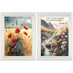   Akvarell stílusú képek keretben gyönyörű pipacsokkal, patak menti virágokkal - 2db - BIBLIAI IDÉZETEKKEL