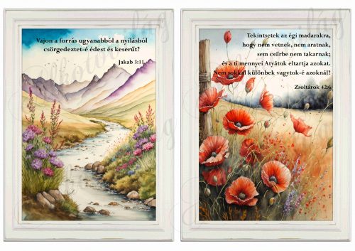 Akvarell stílusú képek keretben gyönyörű pipacsokkal, patakparttal - 2db - BIBLIAI IDÉZETEKKEL