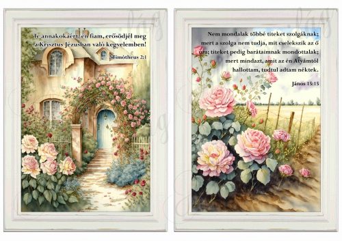 Akvarell stílusú képek keretben gyönyörű rózsalugassal - 2db - BIBLIAI IDÉZETEKKEL