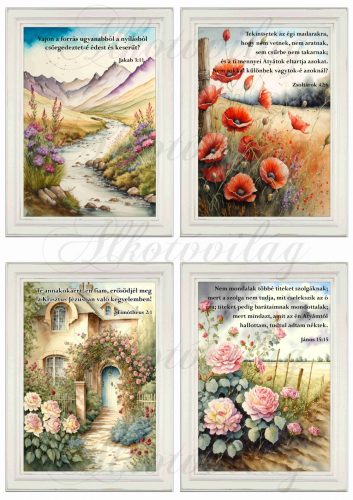 Akvarell stílusú képek keretben gyönyörű rózsalugassal, pipacsokkal - 4db- BIBLIAI IDÉZETEKKEL