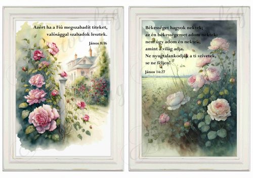 Akvarell stílusú képek keretben gyönyörű rózsákkal - 2db- BIBLIAI IDÉZETEKKEL