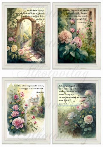 Akvarell stílusú képek keretben gyönyörű rózsákkal - 4db- BIBLIAI IDÉZETEKKEL