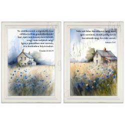   Akvarell stílusú képek keretben házakkal, kék virágokkal - 2db- BIBLIAI IDÉZETEKKEL