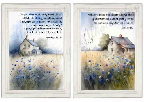 Akvarell stílusú képek keretben házakkal, kék virágokkal - 2db- BIBLIAI IDÉZETEKKEL