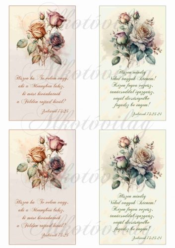 Bibliai idézetek akvarell stílusú festett vintage rózsákkal - 4 db