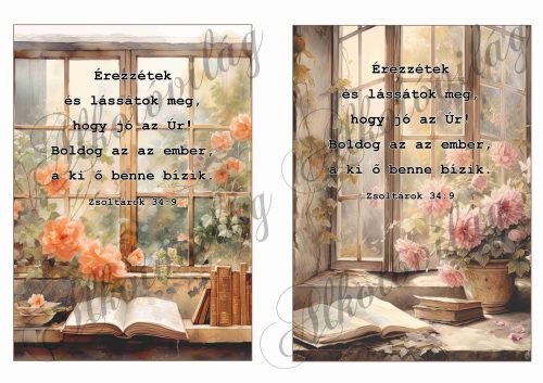 Érezzétek és lássátok meg bibliai idézet ablakos, virágos festményen - 13 x 18,4 cm