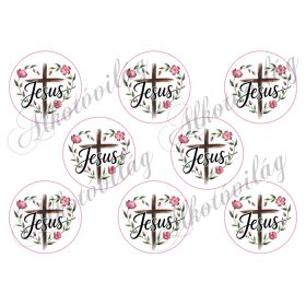   Kereszt és Jesus felirat szív formában virágokkal 7 cm-es körökben