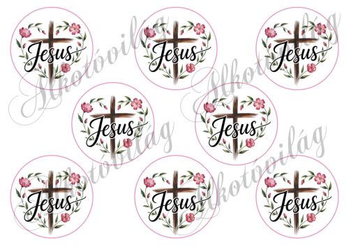 Kereszt és Jesus felirat szív formában virágokkal 7 cm-es körökben