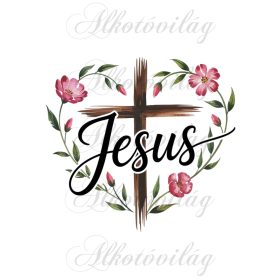   Kereszt és Jesus felirat szív formában virágokkal- PÁRNABLOKK, VÁSZONTÁSKA BLOKK, PATCHWORK BLOKK, UZSONNÁSTASAK BLOKK