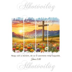   Tájkép kereszttel, János 3,16 bibliai idézettel- PÁRNABLOKK, VÁSZONTÁSKA BLOKK, PATCHWORK BLOKK, UZSONNÁSTASAK BLOKK