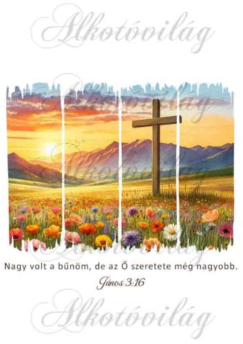 Tájkép kereszttel, János 3,16 bibliai idézettel- PÁRNABLOKK, VÁSZONTÁSKA BLOKK, PATCHWORK BLOKK, UZSONNÁSTASAK BLOKK