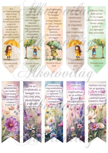 Könyvjelzők bibliai idézetekkel, virágokkal és esernyős kislánnyal - 12 x 3,5 cm
