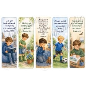   17,5 x 5 cm-es könyvjelzők kedves kisfiúkkal, bibliai idézetekkel