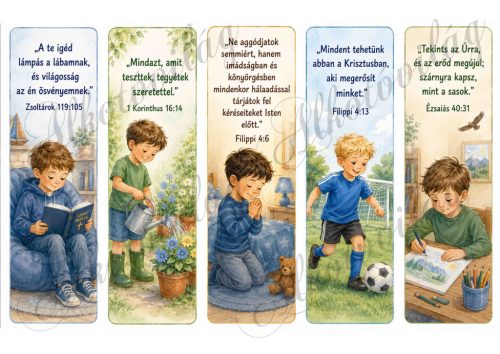 17,5 x 5 cm-es könyvjelzők kedves kisfiúkkal, bibliai idézetekkel