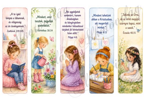 17,5 x 5 cm-es könyvjelzők kedves kislányokkal, bibliai idézetekkel