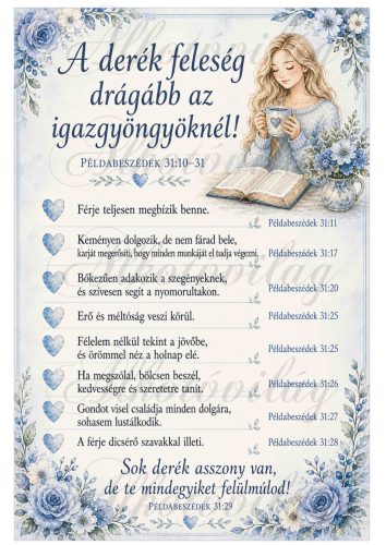 Derék feleség a biblia szerint - 19 x 29 cm - kék virágokkal, szőke lánnyal