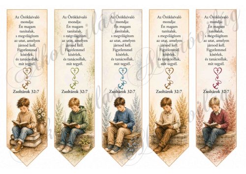Könyvjelzők kisfiúkkal, bibliai idézettel, hit-remény-szeretet szimbólumával