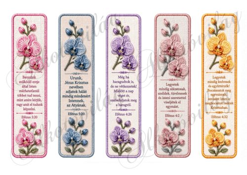 Könyvjezők hímzés utánzatú orchideával és bibliai idézettel - 18 x 4 cm