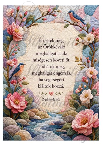 Patchwork virágos kép bibliai idézettel - ÉRTSÉTEK MEG - 19 X 27,5 cm