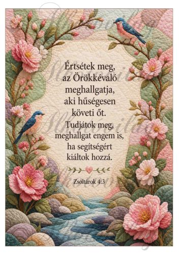 Patchwork virágos kép bibliai idézettel zöldes, rózsaszín színekben - ÉRTSÉTEK MEG - 19 X 27,5 cm