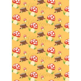 Gombák, farönkök sárga alapon