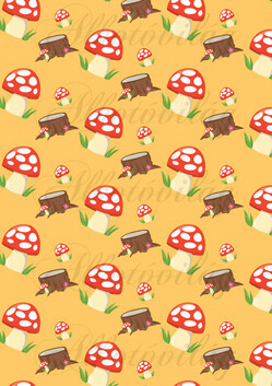 Gombák, farönkök sárga alapon