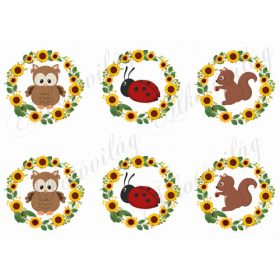 Napraforgós körök bagoly, katica, mókus figurákkal