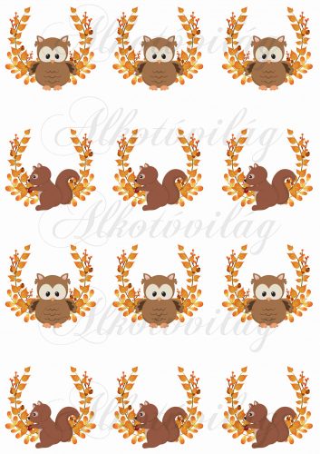 Orange leafy branches with owl and squirrel figurines small