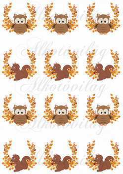 Narancssárga leveles ágak bagoly és mókus figurákkal KICSIBEN