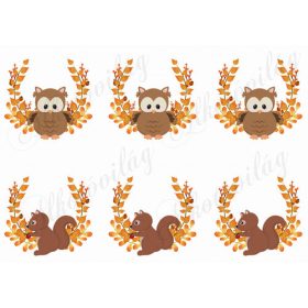 Narancssárga leveles ágak bagoly és mókus figurákkal