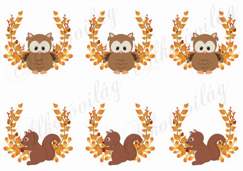 Narancssárga leveles ágak bagoly és mókus figurákkal
