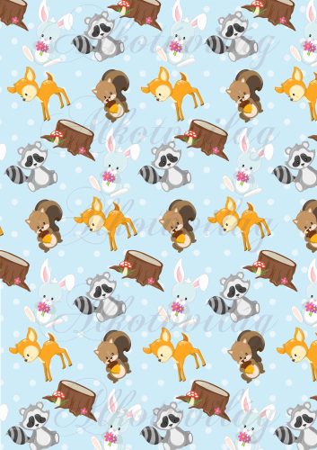 Bunny, badger, fawn, squirrel on a light blue background