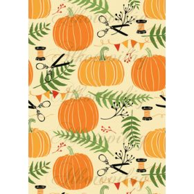 Őszi tökök levelekkel, ollóval és orsóval