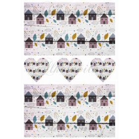 Őszi levelek és házikók fa deszkákon + szívek