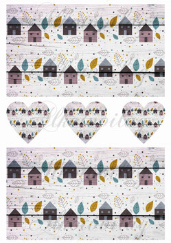 Őszi levelek és házikók fa deszkákon + szívek