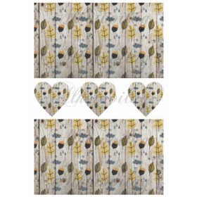 Őszi levelek, makkok fa deszkákon + szívek