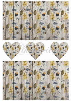 Őszi levelek, makkok fa deszkákon + szívek