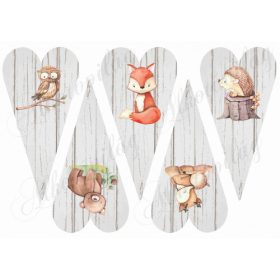   Cuki kézzel festett erdőlakó állatkák hosszúkás fa erezetes szíveken