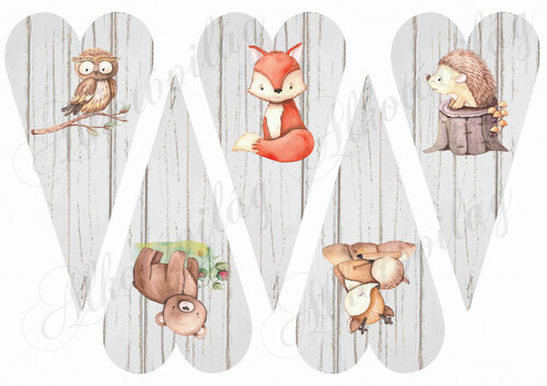 Cuki kézzel festett erdőlakó állatkák hosszúkás fa erezetes szíveken